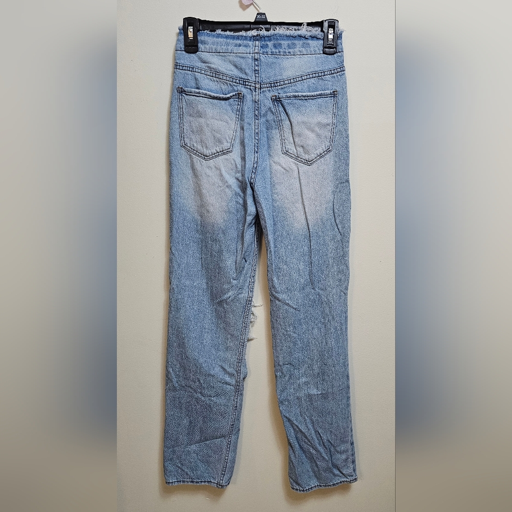 S.O.N.G.‎ 1/25 90s Boyfriend Jean light wash distressed fringe waist hem - Picture 4 of 5